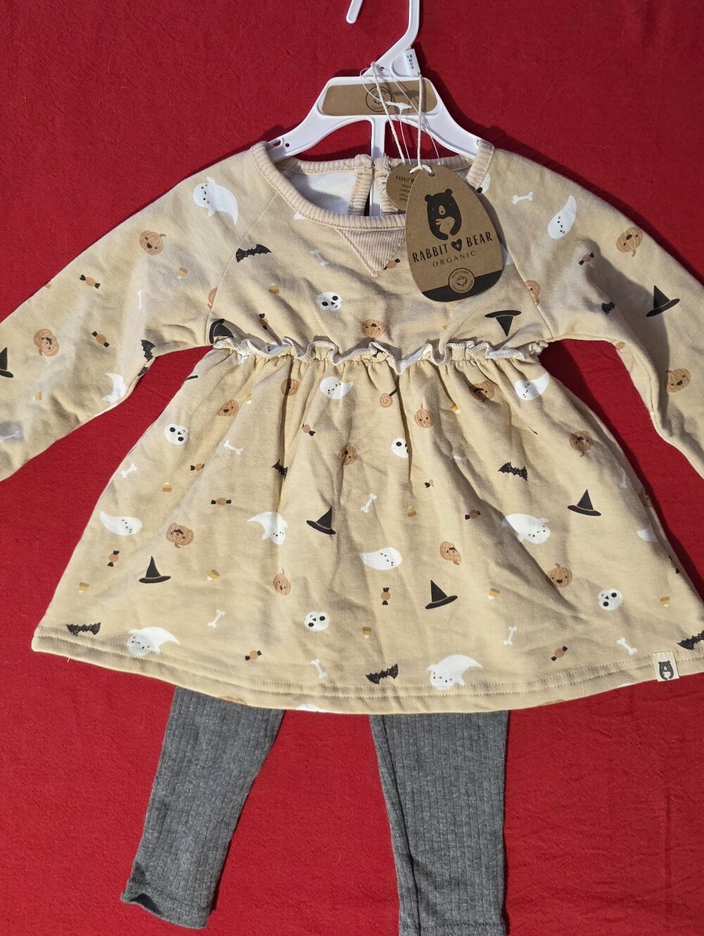 Rabbit Bear Halloween Print Long-Sleeve Dress With Ribbed Leggings